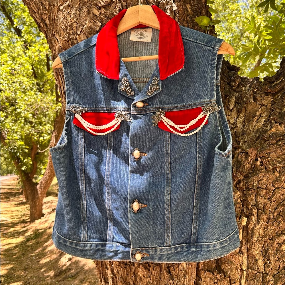 Vintage 90s Elizabeth Collier Unique Velvet And Denim Pearls Details Size L